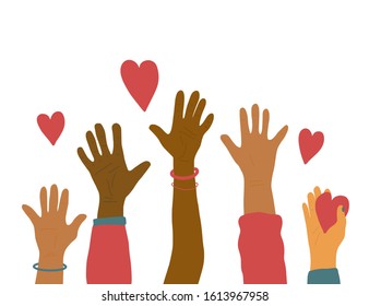 Volunteers concept. Different up hands with heart isolated on white background.  - Powered by Shutterstock