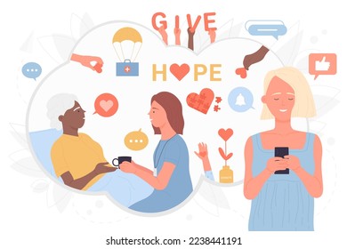 Volunteers help and care old people illustration. Cartoon girl holding phone to donate humanitarian aid, nurse and weak senior patient smiling. Online charity, voluntary service concept - Powered by Shutterstock