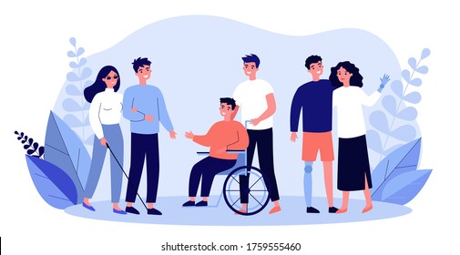 Volunteers helping disabled people. Group of men and women with special needs, on wheelchair, with prosthesis. illustration for support, diversity, disability, lifestyle concept - Powered by Shutterstock