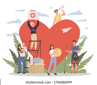 Volunteers illustration. Young people packing donation box with money, collecting garbage, taking care about animals near heart. Support community for social aid, charity, help concept - Powered by Shutterstock