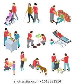 Volunteers Isometric Set. People Caring Homeless And Diseased Elderly. Social Community Service, Charity Humanitarian Concept