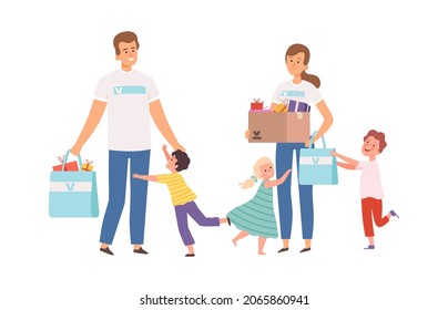 Volunteers Visit Orphanage. Happy Orphans, Man Woman With Donations And Presents. Children Running Hugging Male And Female Characters Illustration