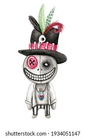 Voodoo doll boy with big, wide grin and top hat watercolor illustration.