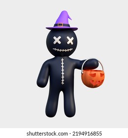 Voodoo Doll Wearing Witch Hat Halloween 3d Icon Illustration