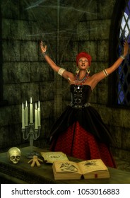 Voodoo Queen In Trance In Front Of A Witchcraft Altar. 3D Illustration.