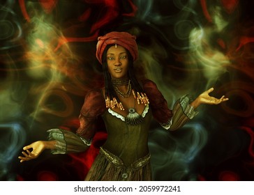 Voodoo shaman, african witch woman conjure, 3D illustration.