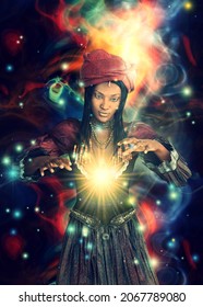 Voodoo Shaman, African Witch Woman Conjure, 3D Illustration.