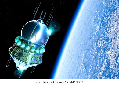 The Vostok spacecraft orbits the Earth. Man's first flight in low earth orbit. Inside the capsule was a cosmonaut. 3d render