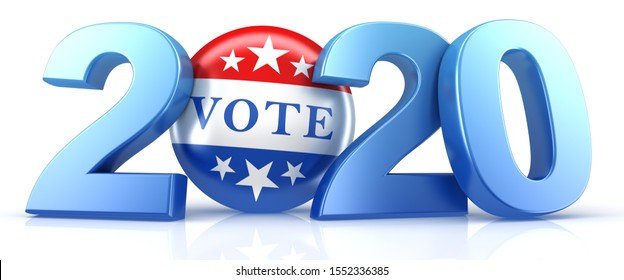 Vote 2020. Red, White, And Blue Voting Pin In 2020 With Vote Text. 3d Render.