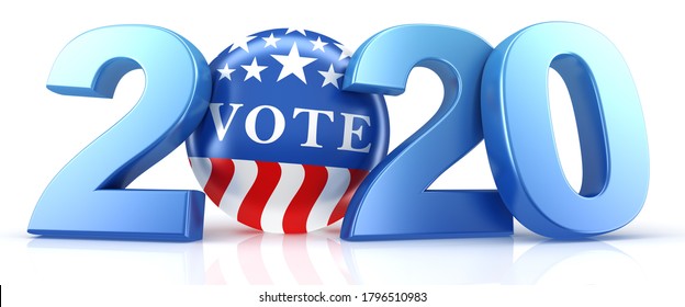 Vote 2020. Red, White, And Blue Voting Pin In 2020 With Vote Text. 3d Render.