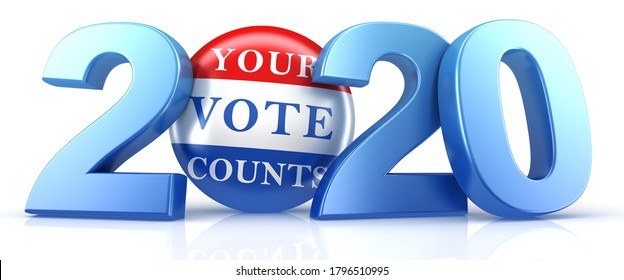 Vote 2020. Red, White, And Blue Voting Pin In 2020 With Your Vote Counts Text. 3d Render.