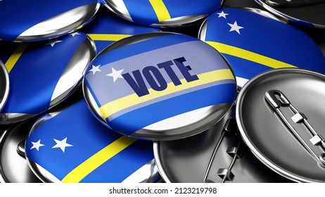 Vote in Curacao - national flag of Curacao on dozens of pinback buttons symbolizing upcoming Vote in this country. , 3d illustration