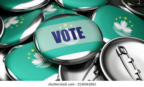 Vote in Macao - national flag of Macao on dozens of pinback buttons symbolizing upcoming Vote in this country. , 3d illustration