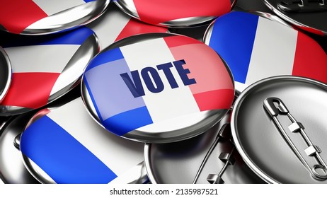 Vote In Saint Martin French Part - National Flag Of Saint Martin French Part On Dozens Of Pinback Buttons Symbolizing Upcoming Vote In This Country. , 3d Illustration