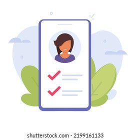 Vote Survey Online Assessment Of Person User Profile On Phone Or Customer Account Verify Graphic, Experience Skills Quiz Form For Candidate Or Job Cv Check List Review On Cellphone Image