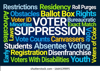 Voter Suppression Word Cloud on Blue Background