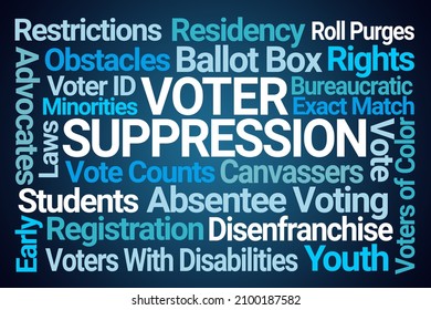 Voter Suppression Word Cloud On Blue Background