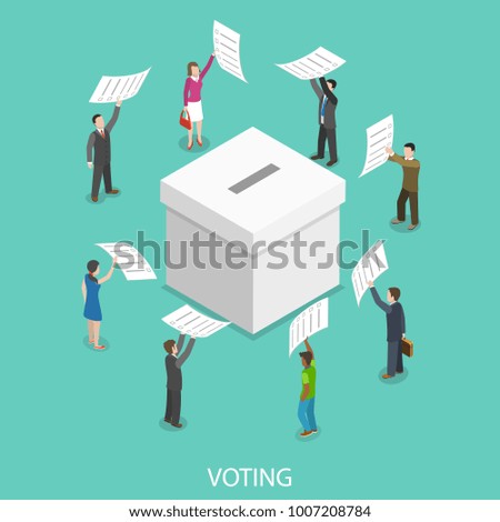Voting flat isometric concept. People are putting their ballot papers into the big paper voting box.
