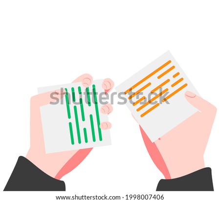 The voting process, bidding, hands raised up with papers. Sale and buy. Thin outline illustration on white.