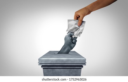 Voting suppression destruction of votes and electoral fraud or election crime or vote tampering as a hand crushing a ballot paper as an illegal electoral scheme with 3D illustration elements.