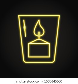 Votive Candle In A Glass Icon In Neon Line Style. Bright Light Source With Burning Flame.