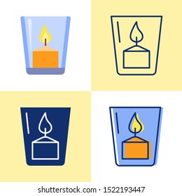 Votive Candle In A Glass Icon Set In Flat And Line Style. Bright Light Source With Burning Flame.