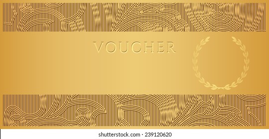 Voucher, Gift Certificate, Coupon Template With Floral (scroll Pattern) Frame Border. Gold Background Design For Invitation, Golden Ticket, Banknote, Money Design, Currency, Winning Check (cheque)