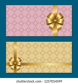 Voucher on 500$ set of gift certificates for discounts in fashionable stores . Posters with gold ribbons and bows on abstract pink and yellow - Powered by Shutterstock