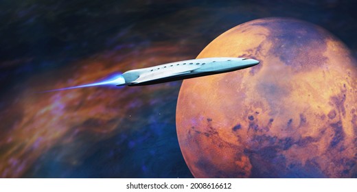 Viaje a la ilustración 3D de Marte - Una nave espacial llena de gente de la Tierra llega al planeta de Marte para establecer una colonia.