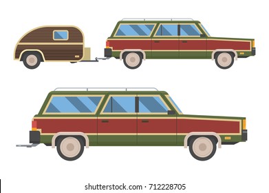 Voyage Retro Car Isolated On White Background. Travel Retro Automobile With Trailer. Summer Auto Trip Rv Transport. Old Station Wagon With Trailer Hindcarriage. 