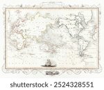 The Voyages of Captain James Cook (1852) by James Cook. Voyage world map. Vintage map art drawing illustration, old painting art print of geography world map sketch.