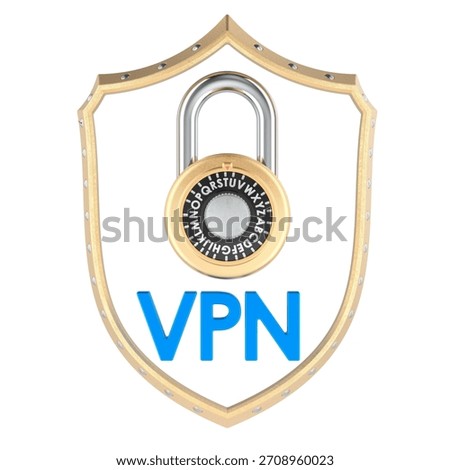VPN security shield with combination lock, 3d rendering isolated on white background