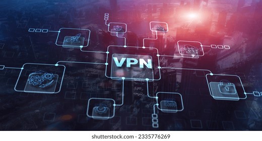 VPN Virtual Private network protocol. Business, Technology, Internet. Cyber security and privacy connection on city background.