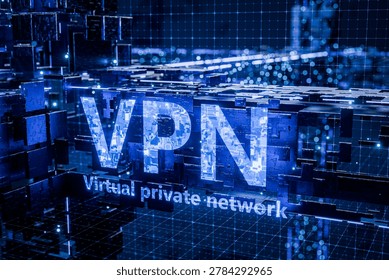 VPN written on a technological background. Concept of internet connection encryption. Privacy online with a VPN. Bypassing government censorship with VPN. Access to blocked websites via VPN. 3d render