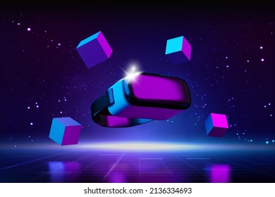 VR glasses headset. Augmented reality (AR) Technology. Metaverse world virtual reality technology concept. Internet of things (IoT). Futuristic business finance blockchain. 3d render illustration
