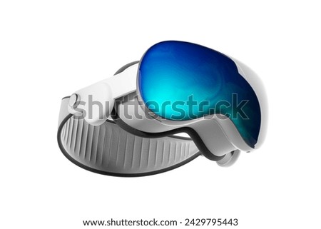 Vr glasses headset side view on empty white background. Concept of metaverse, new futuristic technology, innovation and augmented reality. 3D rendering illustration