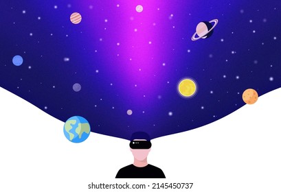 VR and Metaverse Concepts, man wearing VR glasses and playing. Solar System with Planets