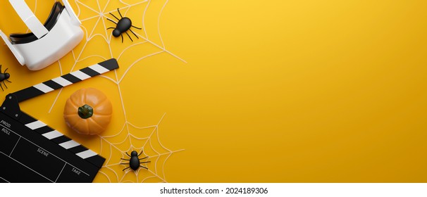 VR Movie Theatre Banner In Halloween Theme, Virtual Reality Glasses, Movie Clapper Board, Pumpkin, Spiders, Copy Space On Yellow Background, 3d Rendering, 3d Illustration