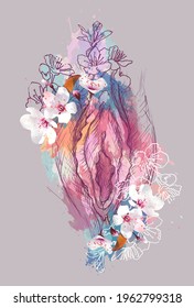 Vulva image in the shape of a flower. Yoni illustration of female energy concept. Spring illustration on a gray background,