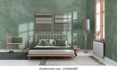 Wabi Sabi Bedroom In White And Green Tones With Macrame Wall Art And Wallpaper. Wooden Furniture, Carpets And Double Bed. Japandi Interior Design, 3d Illustration