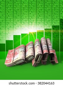 Wads Of Folded Stacks Of Hong Kong Dollar Banknotes On A Green Digital Stock Market Indicator Board Background With An Increasing Green Bar Graph 