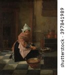 The Waffle Baker, by Alexander Hugo Bakker Korff, c. 1850-82, Dutch painting, oil on panel. Kitchen scene of a woman with a waffle iron in her hand. Below a waffle is baking