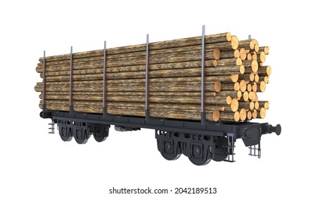 Wagon carrying log timber isolated on white background.3d rendering.