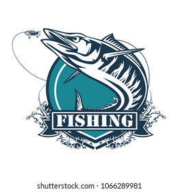 Wahoo fish. Fishing logo. Acanthocybium solandri. Scombrid fish jumping up fishing emblem on white background.