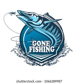 Wahoo fish. Fishing logo. Acanthocybium solandri. Scombrid fish jumping up fishing emblem on white background.