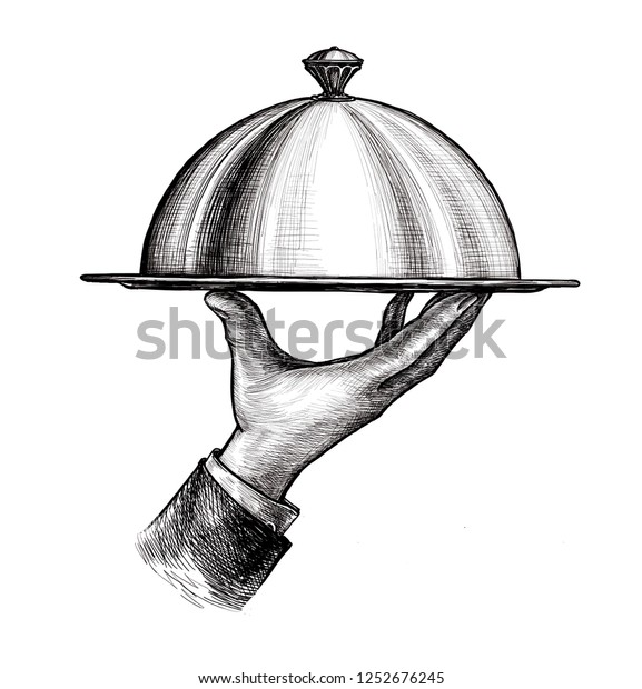 クローシュの皿を持つウェイター手 白い背景にビンテージスケッチ のイラスト素材