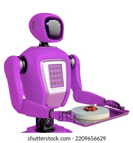 Waiter Robot Holding A Cheesecake Side View, 3d Illustration