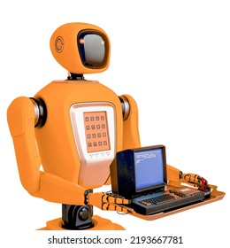 Waiter Robot Holding A Old Pc Side View, 3d Illustration