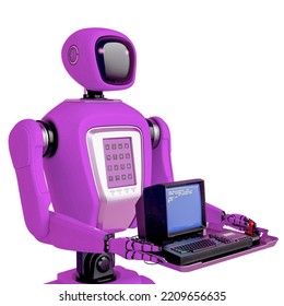 Waiter Robot Holding A Old Pc Side View, 3d Illustration