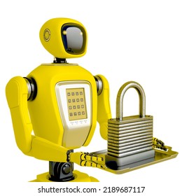 Waiter Robot Holding A Padlock Side View, 3d Illustration